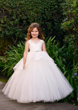 Beaded Ivory Lace Polka Dot Tulle Peplum Flower Girl Dress